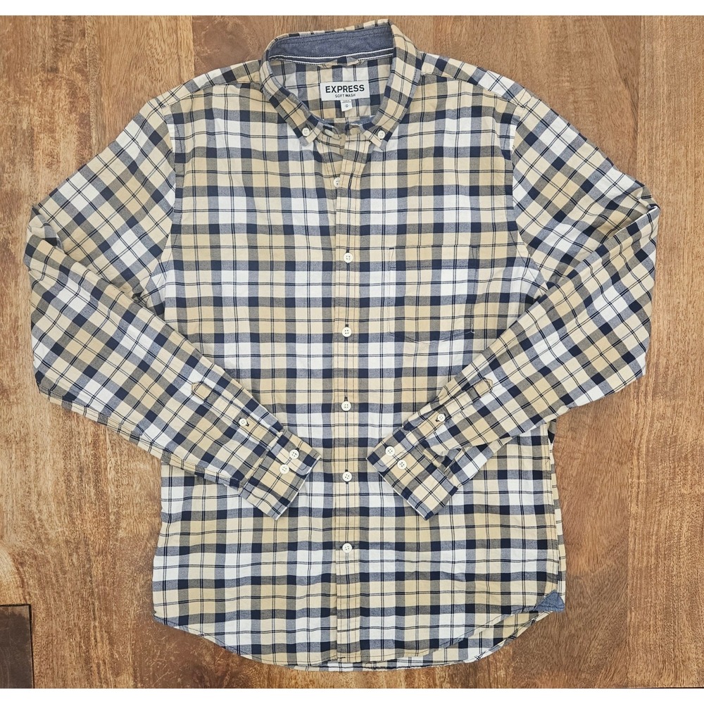 Express Soft Wash Button Down Shirt Mens M Blue Beige Plaid Long Sleeve Cotton